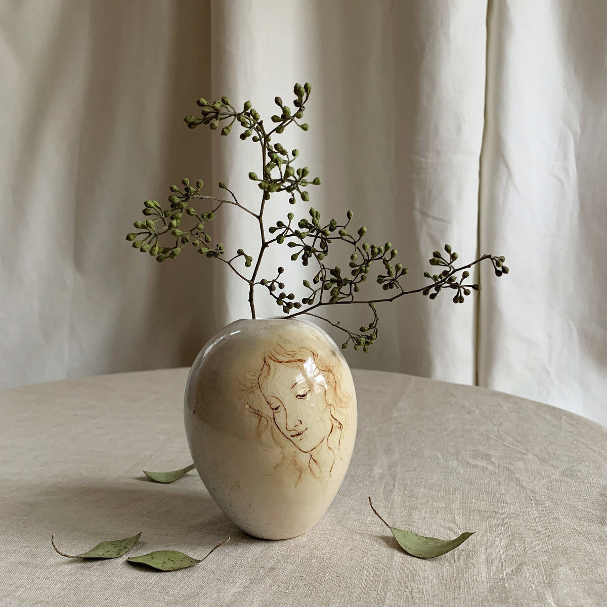 Hand-Painted Illustrated Vase, Woman's Face, Handmade Pottery