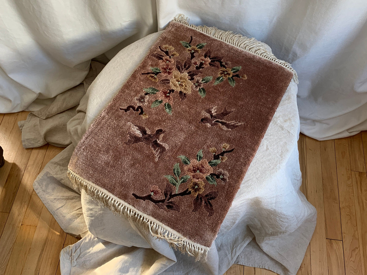 Chinese Silk Rug, Accent Wall Hanging Tapestry, 1960s, Vintage Art