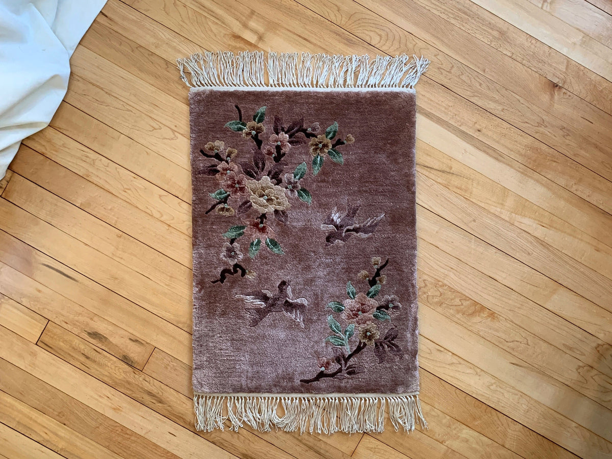 Chinese Silk Rug, Accent Wall Hanging Tapestry, 1960s, Vintage Art