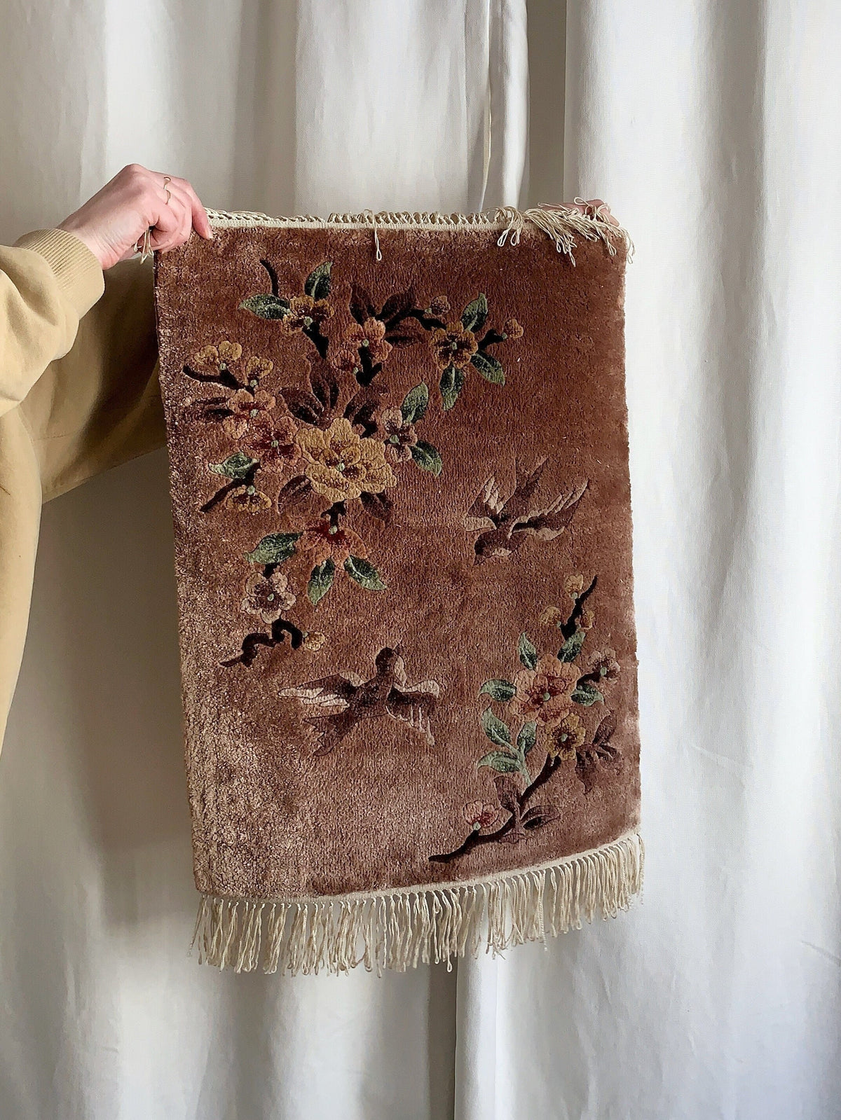 Chinese Silk Rug, Accent Wall Hanging Tapestry, 1960s, Vintage Art