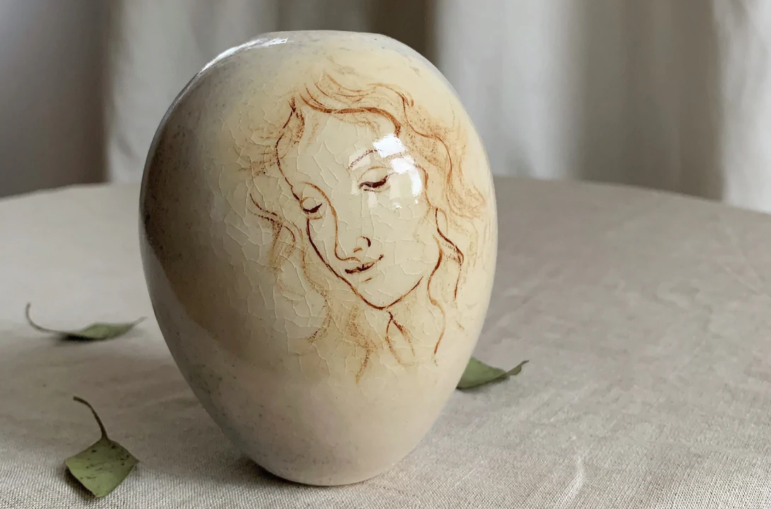 Hand-Painted Illustrated Vase, Woman's Face, Handmade Pottery